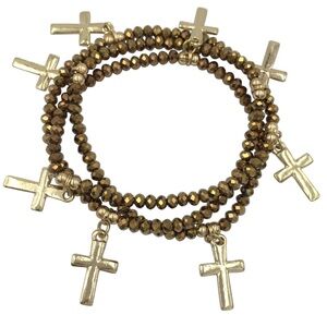 Brown Glass Stretch Wrap Gold Tone Cross Dangle Charms Bracelet or Necklace